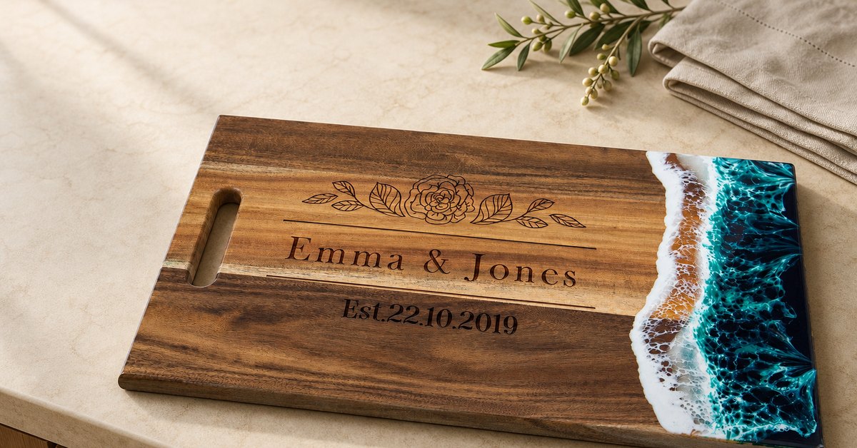 Personalized acacia wood and blue resin cutting board styled as a meaningful gift