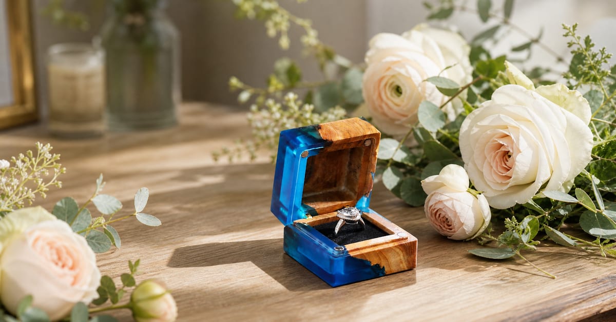 open wood resin proposal ring box with ring in modern floral setting