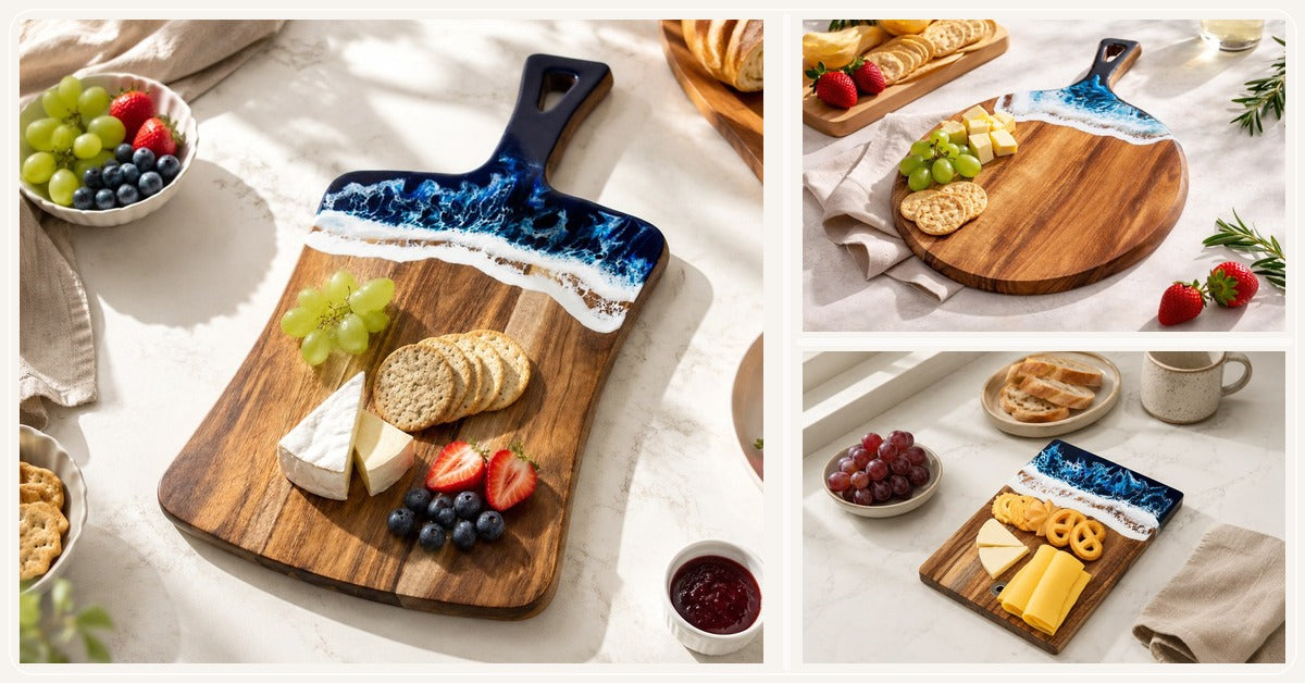 Wood and resin cheese board, round charcuterie board, and small serving board shown in a three-image comparison cover