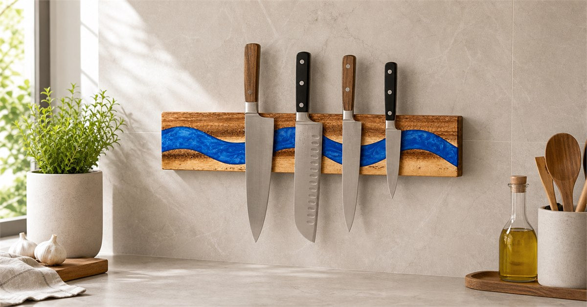 Blue GOGOJSM wood and resin wall mounted magnetic knife holder with four kitchen knives