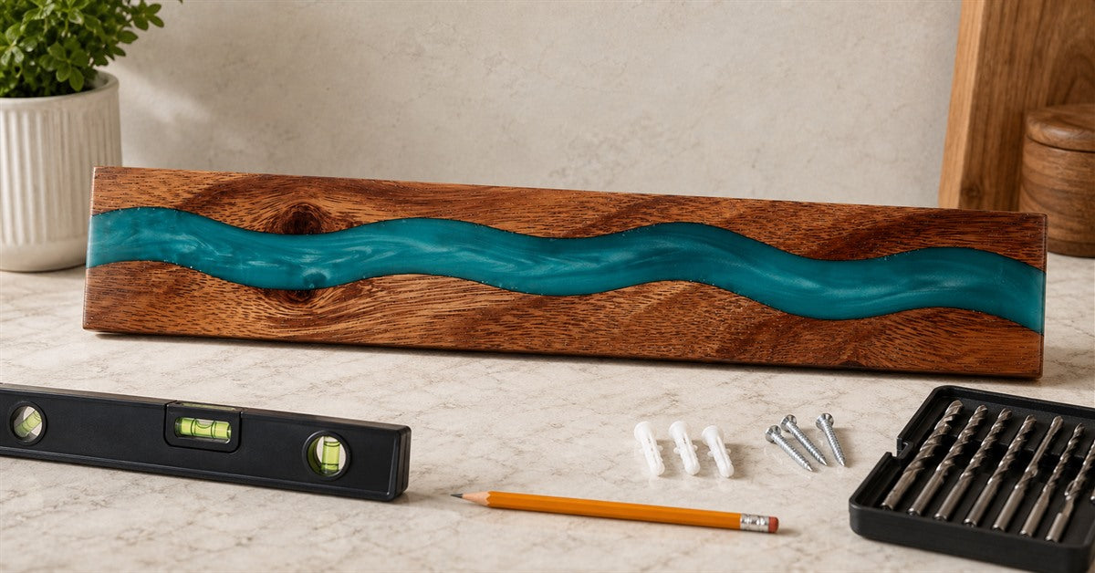 Wood and resin wall mounted magnetic knife holder with installation tools on a kitchen counter