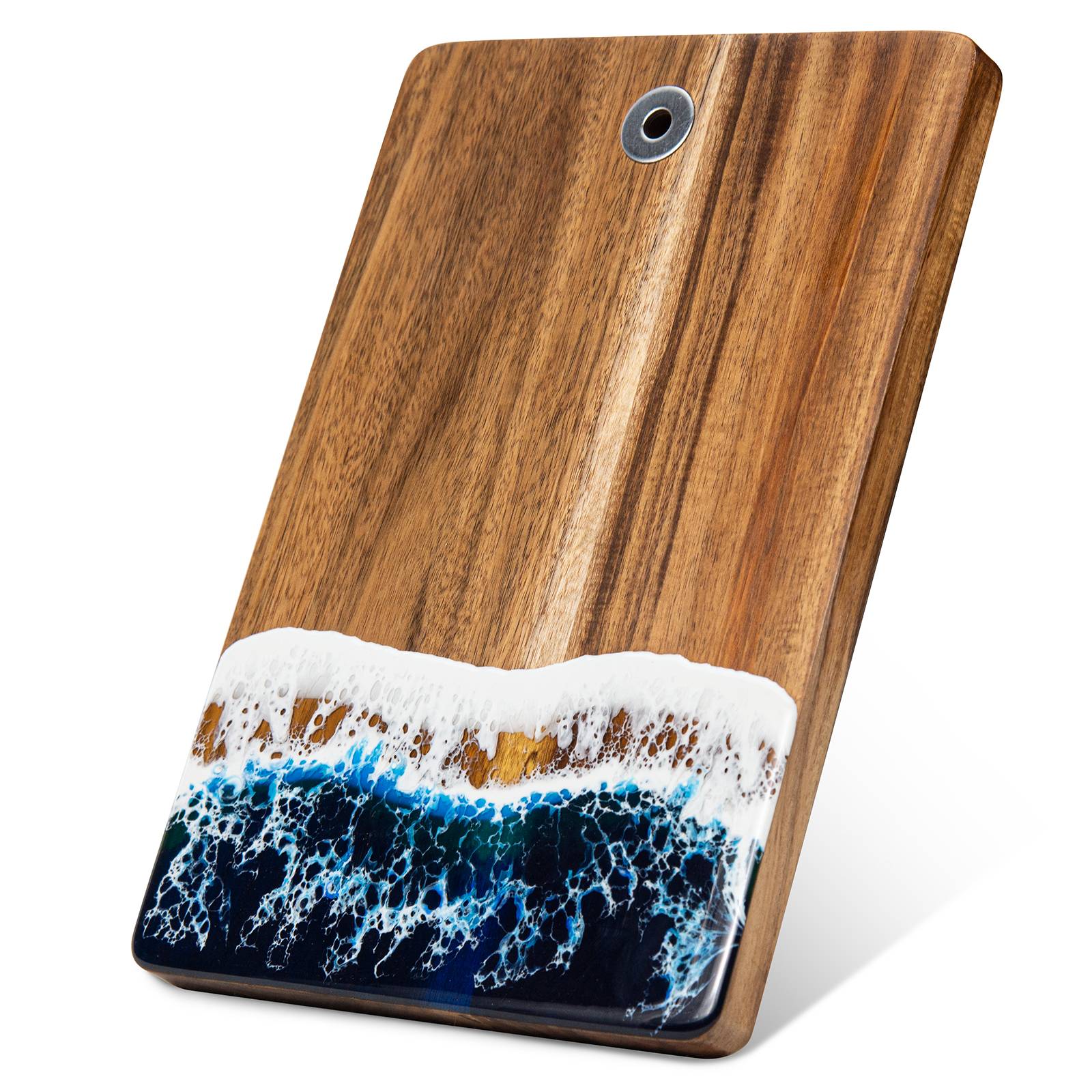 Small acacia wood and epoxy resin cheese board for fruit bread appetizers and compact serving