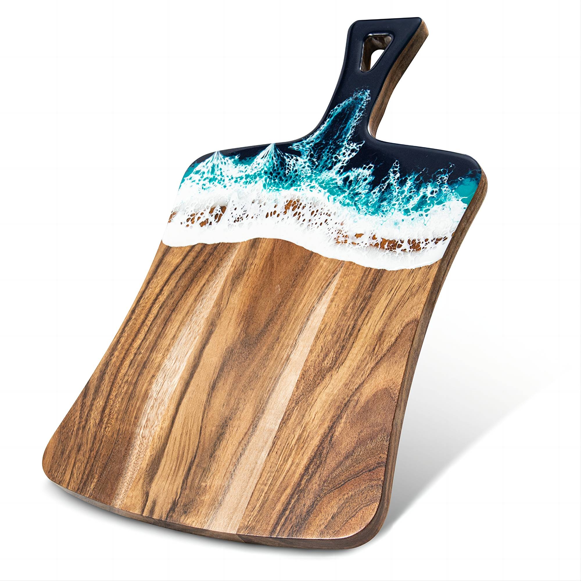 Acacia wood and epoxy resin charcuterie board with handle for cheese bread fruit and light prep