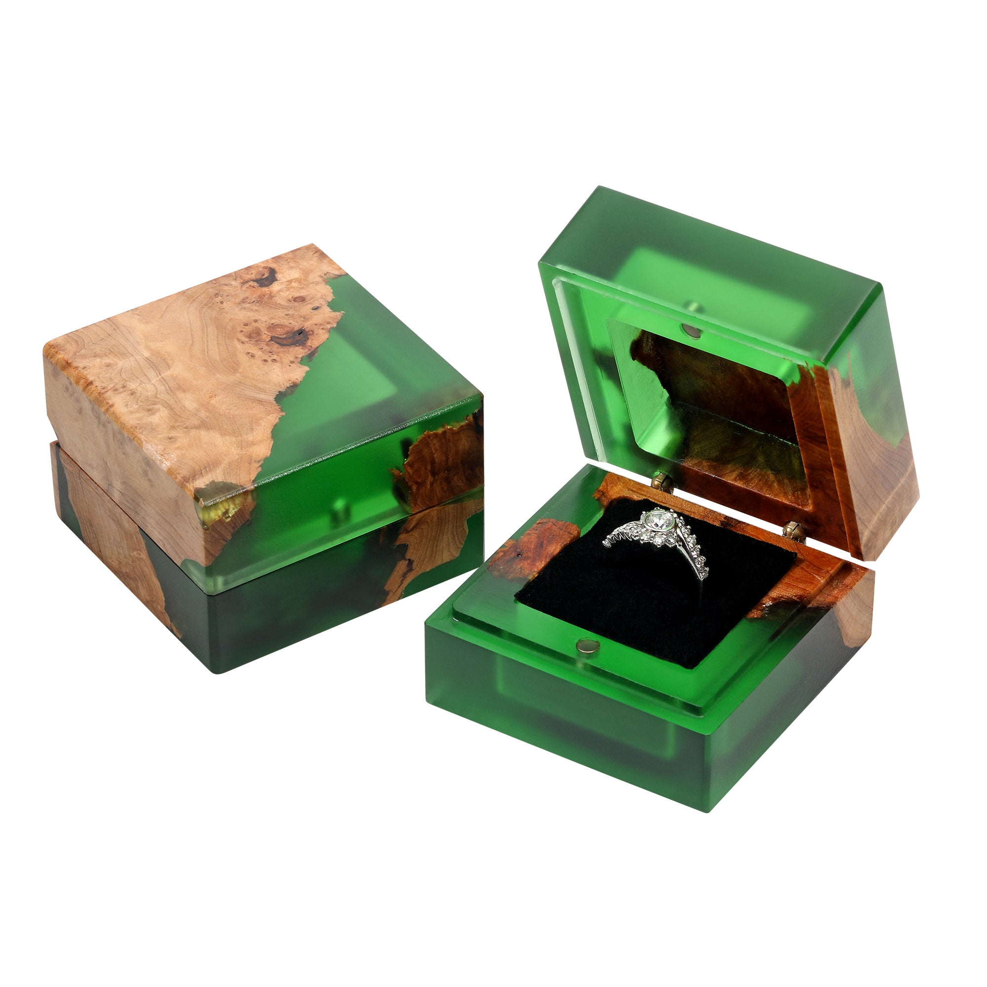 green wood resin engagement ring box handmade for proposal photos