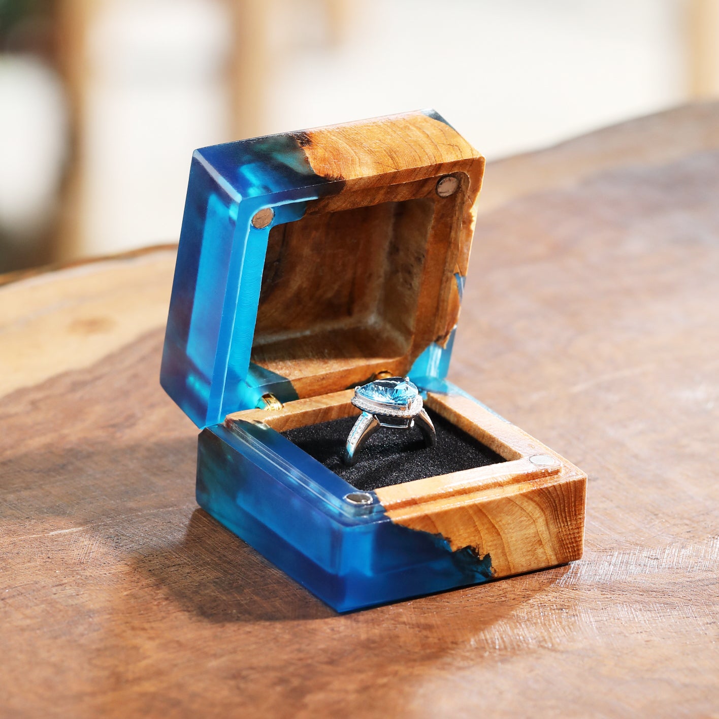 small wood resin proposal ring box showing compact keepsake size