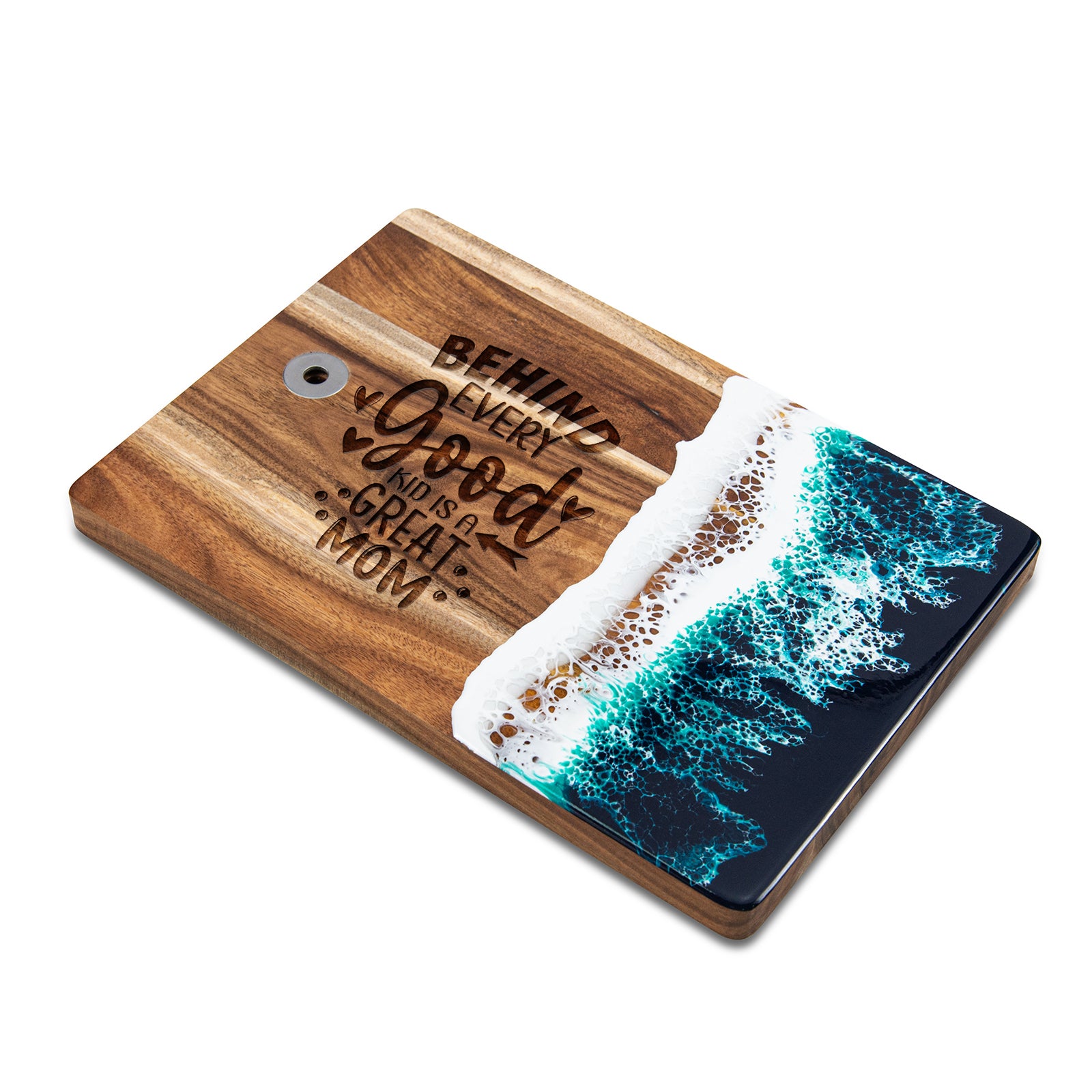 Handmade resin cutting board with behind every good kid quote for mom gift