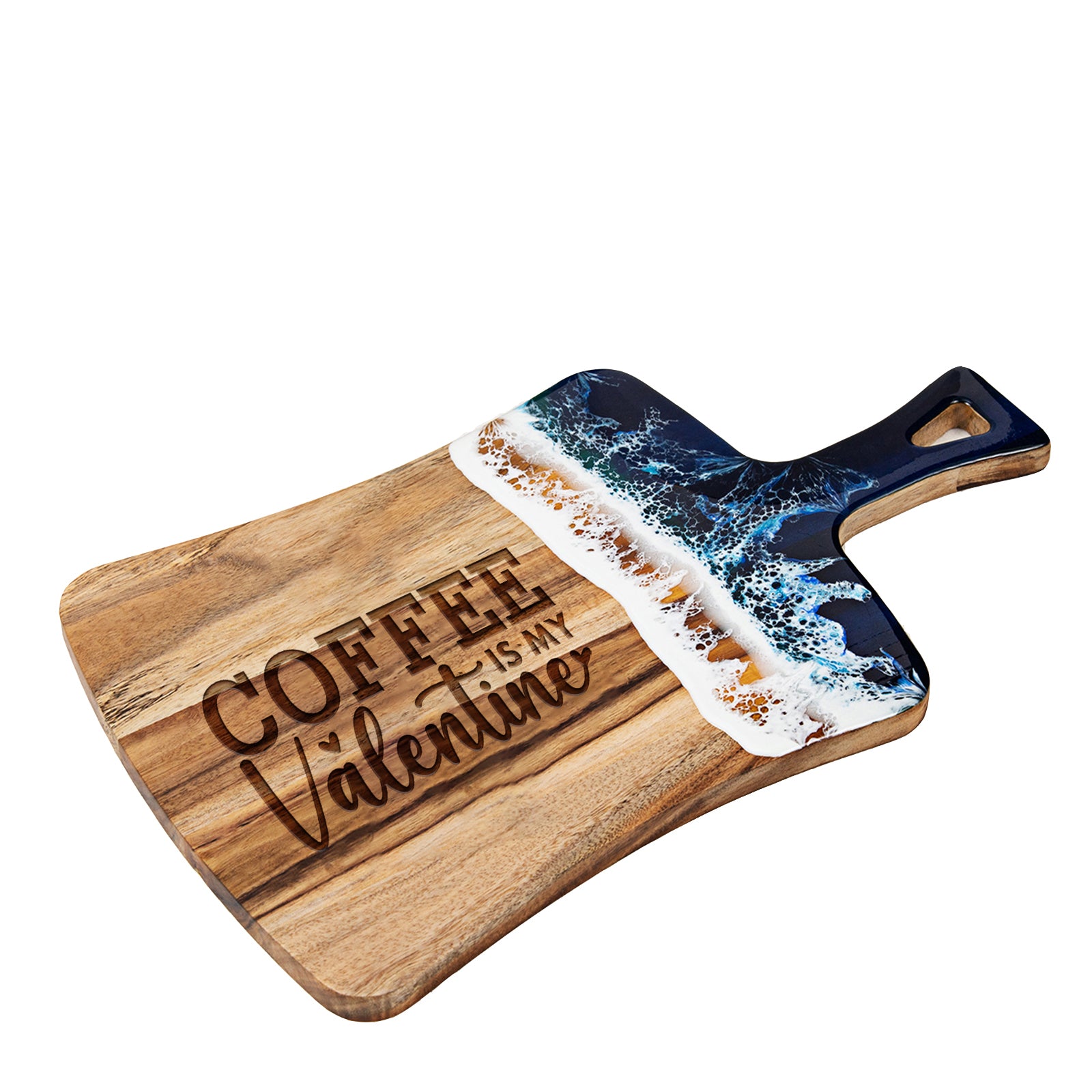 Handmade Coffee is my Valentine fan resin wave cutting board with handle