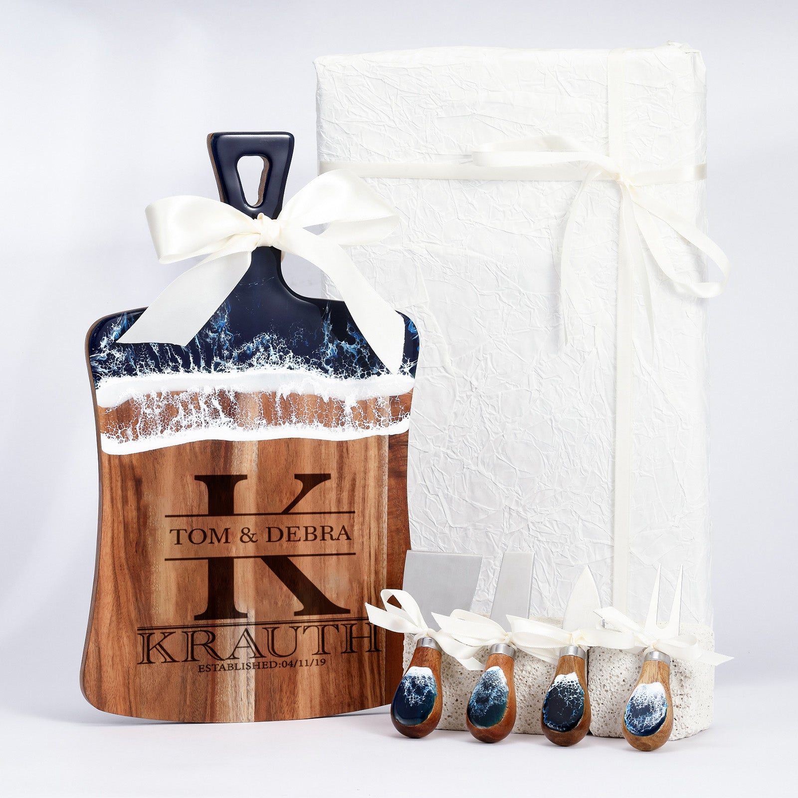 Engraved fan resin cutting board displayed as a wedding anniversary gift