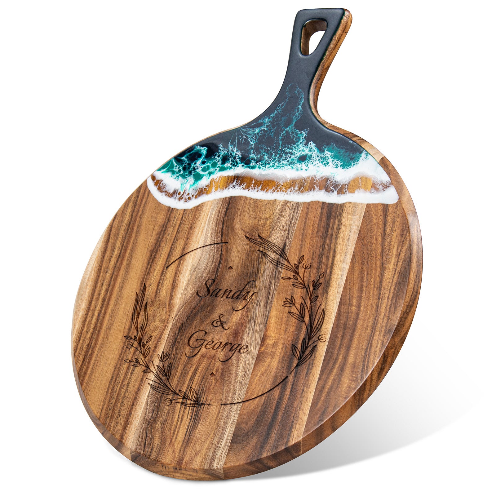 Handmade round resin cutting board showing ocean wave epoxy pattern