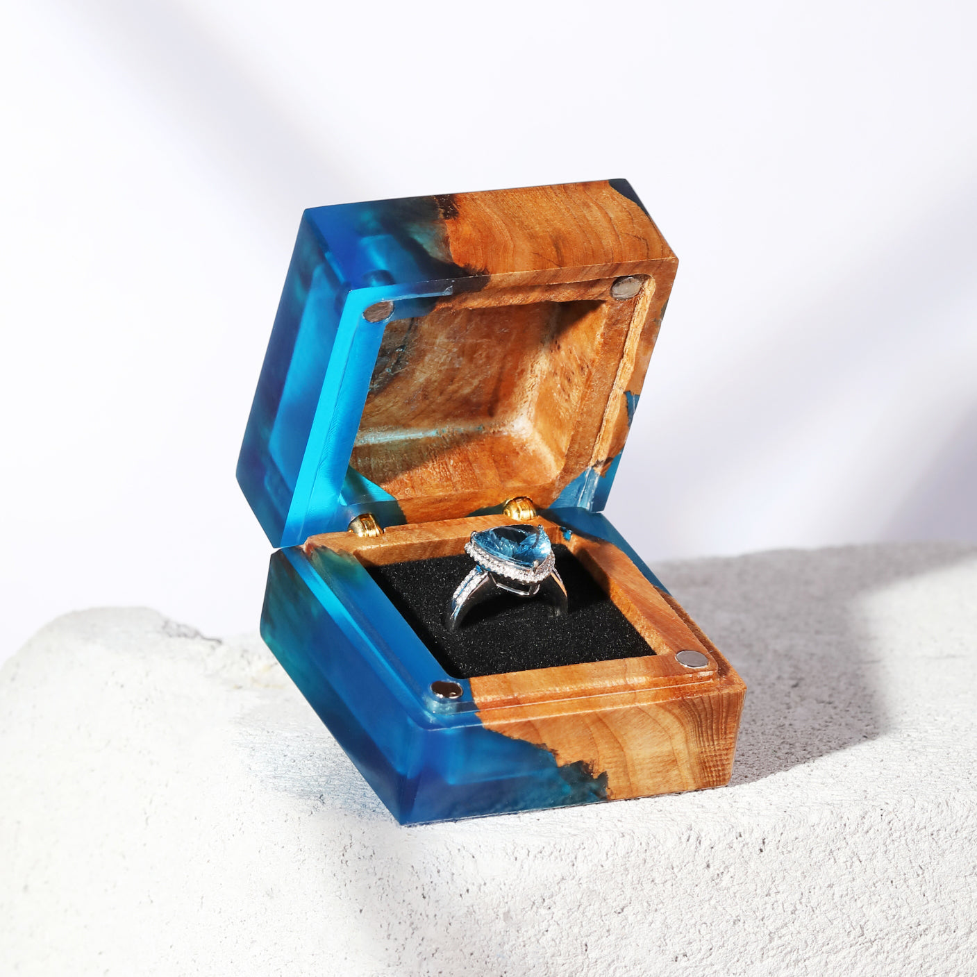 deep blue handmade wood resin ring box for proposal with engagement ring
