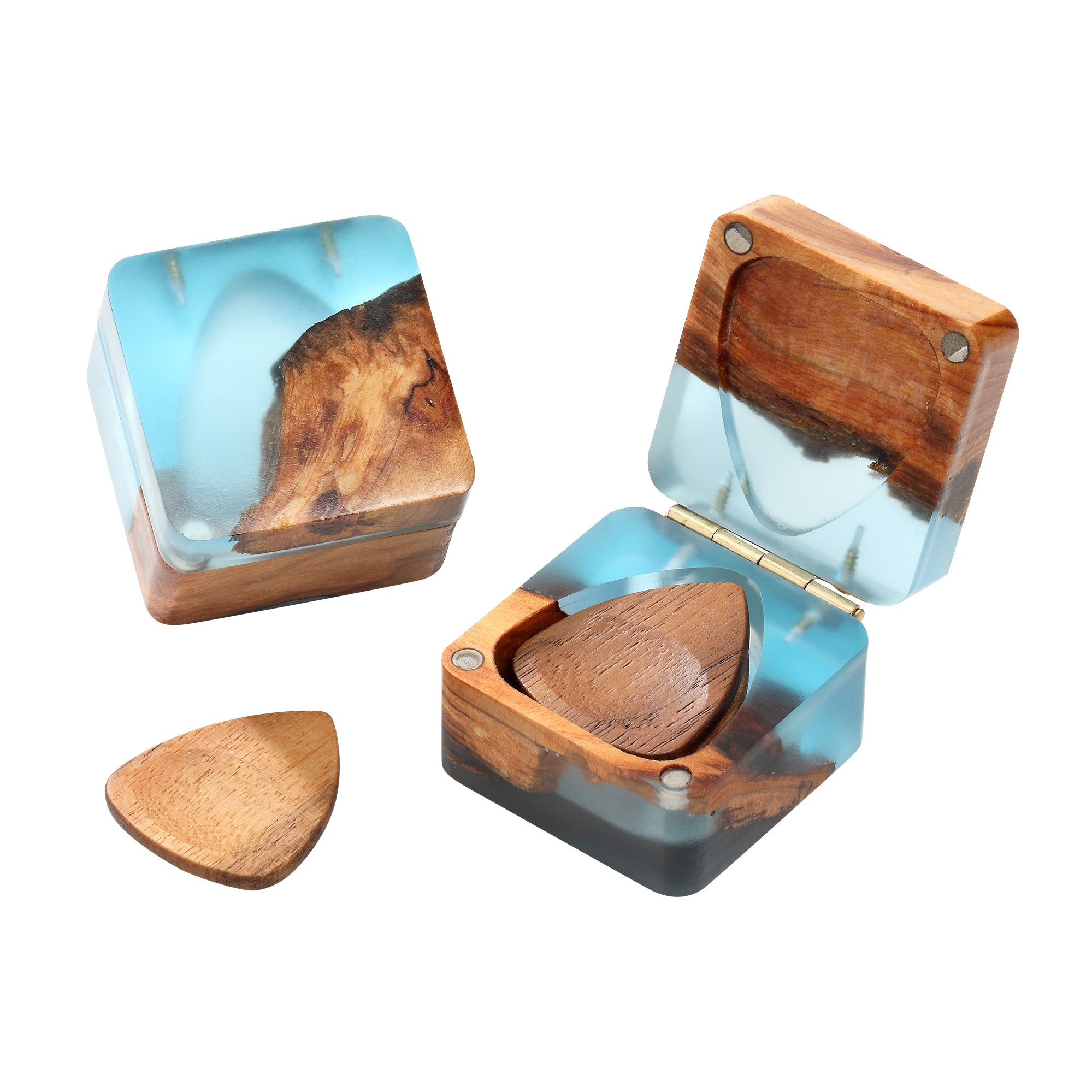 Handmade wood and resin guitar pick box displayed on a wooden surface