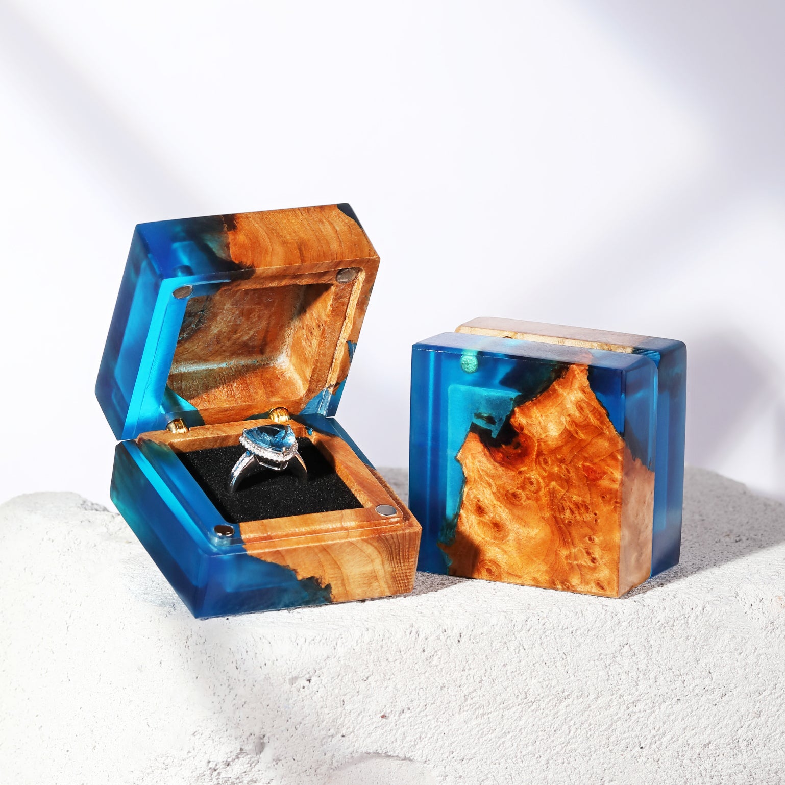 blue epoxy wood resin ring box for wedding proposal and keepsake