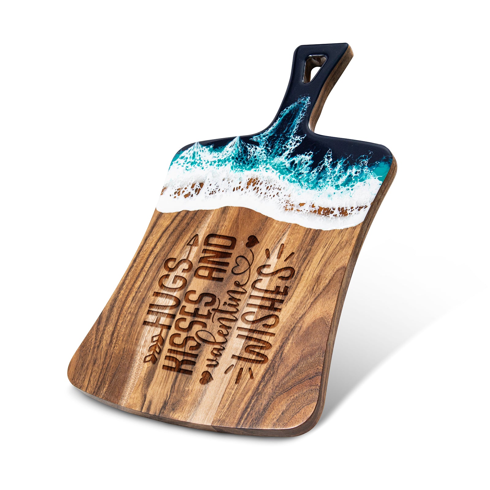 Personalized resin cutting board engraved with Valentine's Day hugs and kisses quote