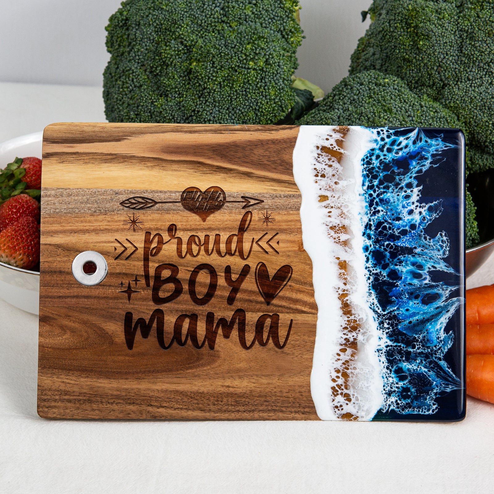 Engraved "Proud Boy Mama" blue resin cutting board
