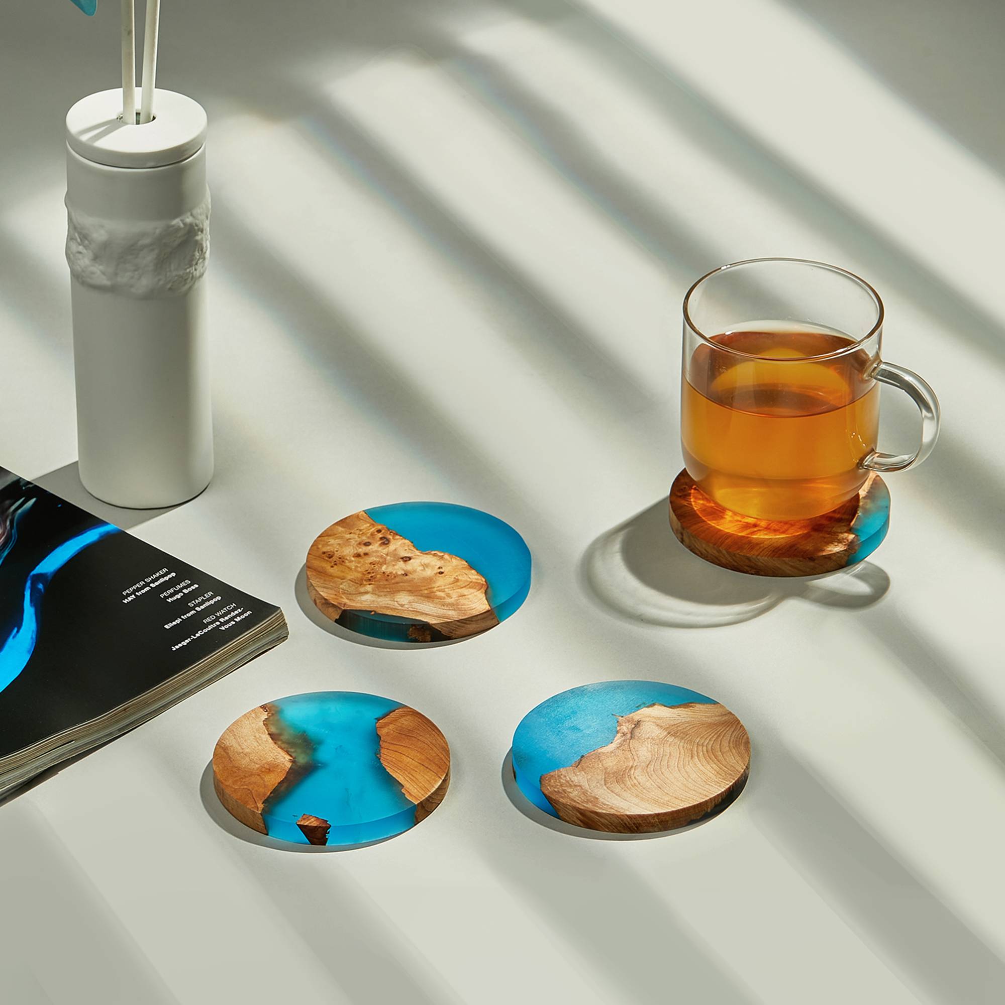 Wood resin coasters set of 4 presented as a housewarming birthday gift