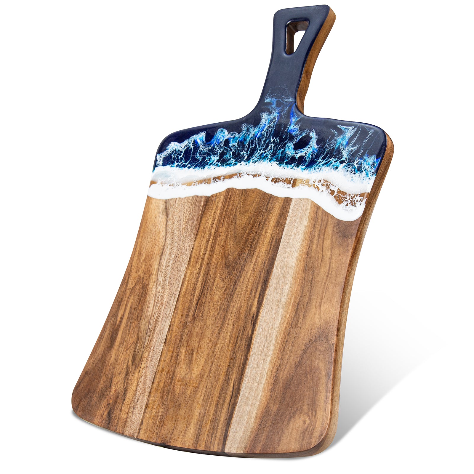 Acacia wood and epoxy resin charcuterie board with handle for cheese bread fruit and light prep