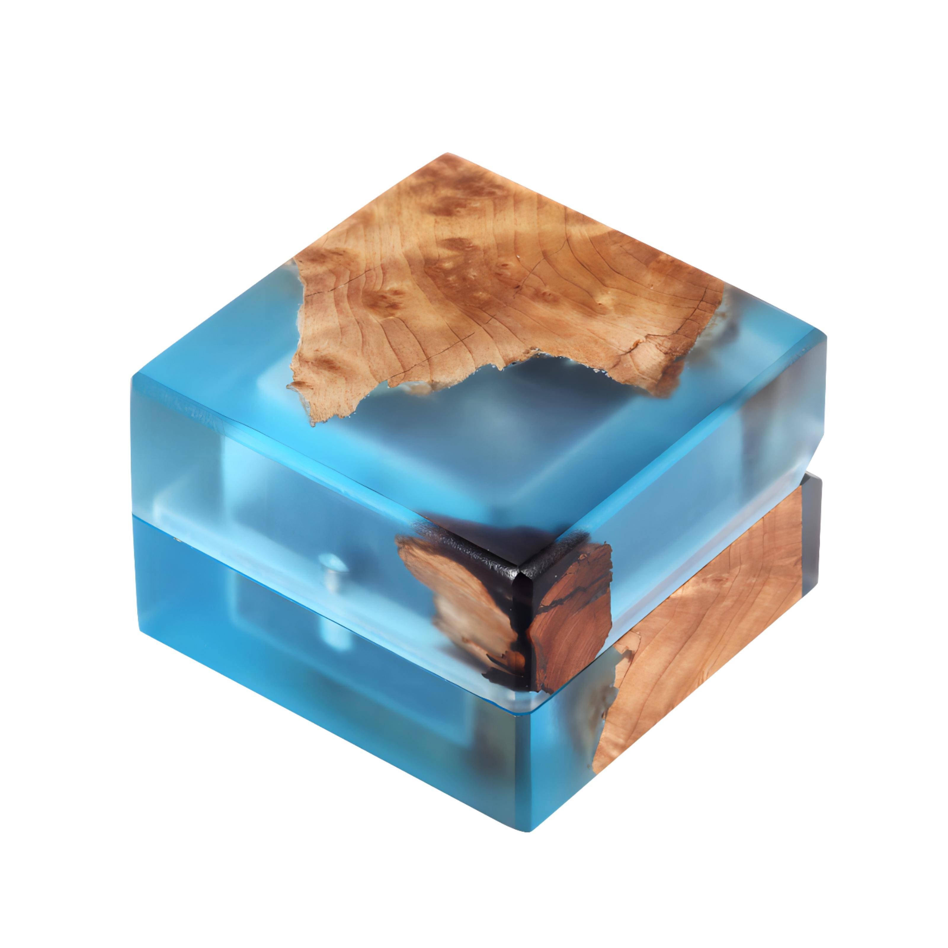 light blue wood resin ring box for engagement proposal