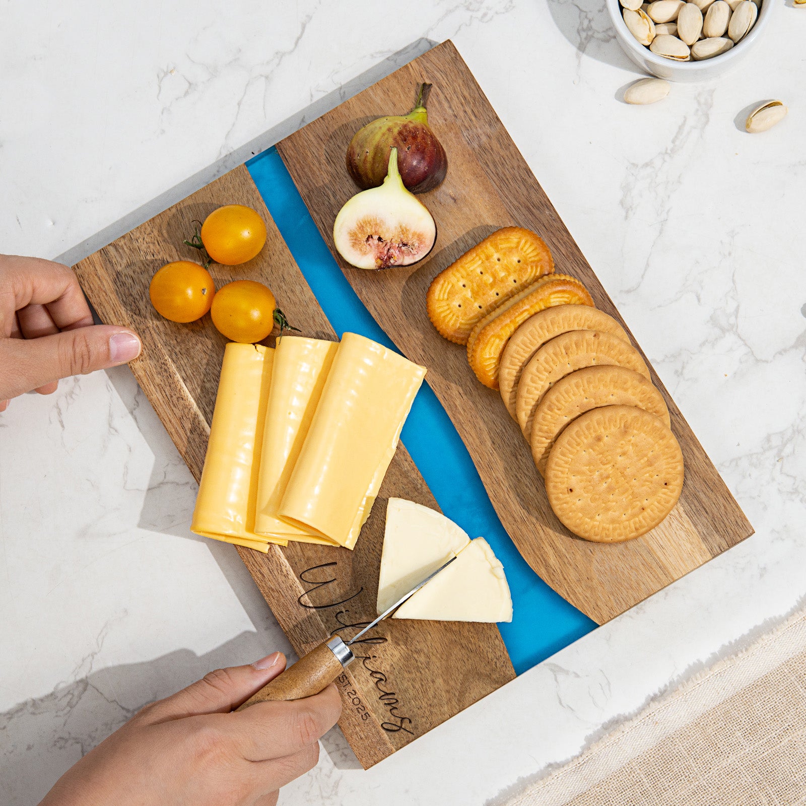 personalized-epoxy-resin-cutting-board-charcuterie-lifestyle-blue-river-acacia-wood