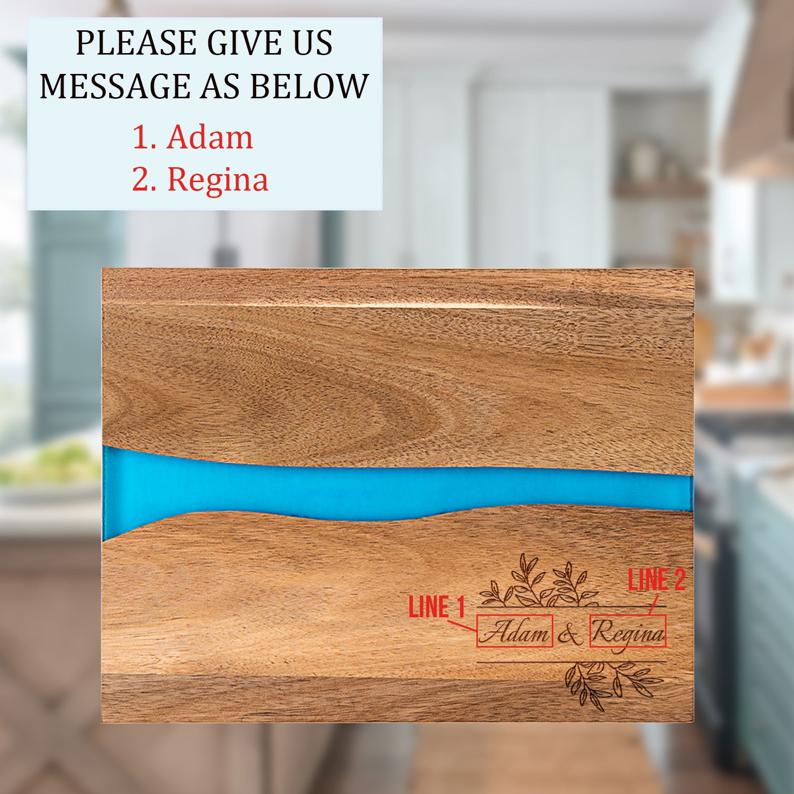 Custom name engraving instruction for epoxy resin cutting board with blue river inlay — two-line personalization example on acacia wood