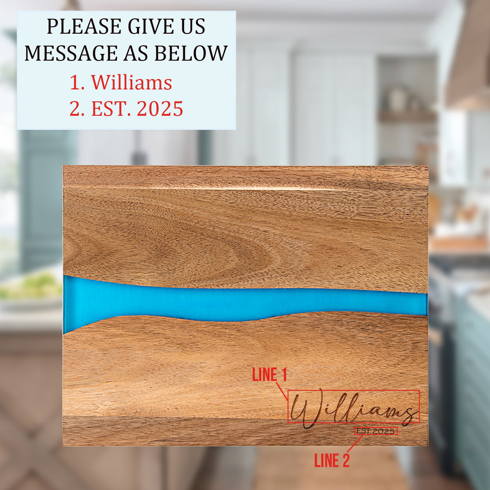 Engraving instruction for personalized epoxy resin cutting board showing family name and EST year two-line customization on acacia wood
