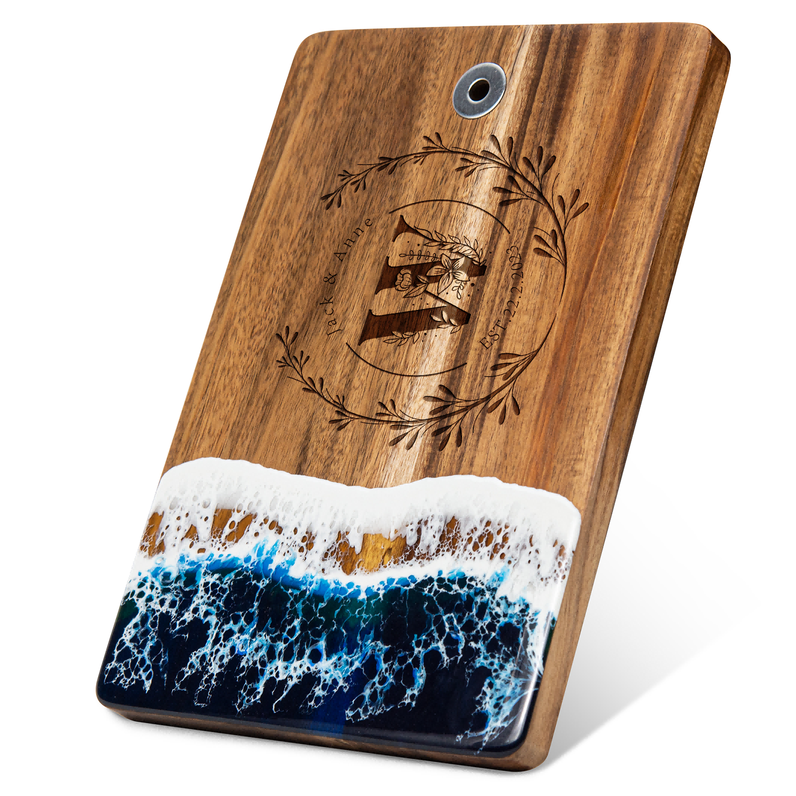 Wood resin serving board displayed as a housewarming gift