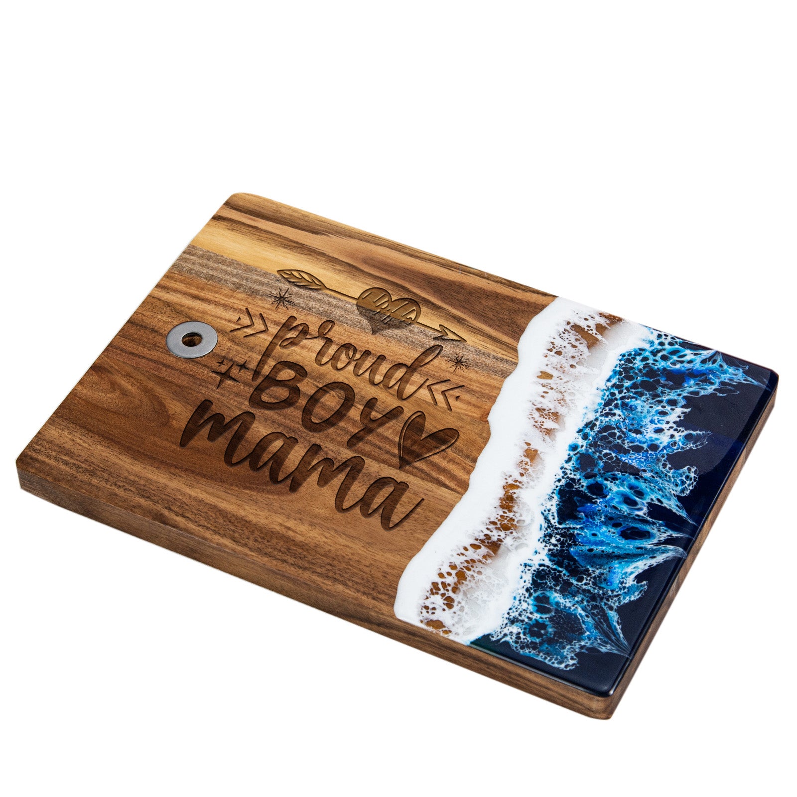 small blue resin cutting board has "Proud Boy Mama" engraved on it.