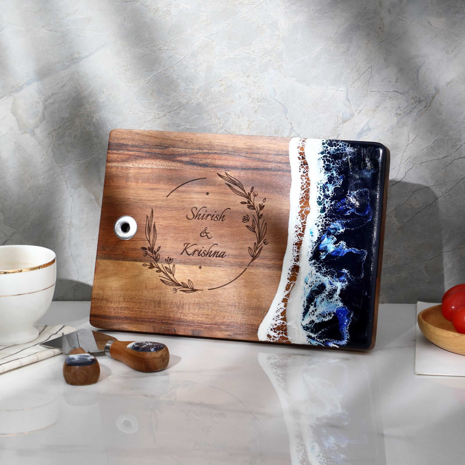 Resin charcuterie board with handle used for bread and appetizer serving